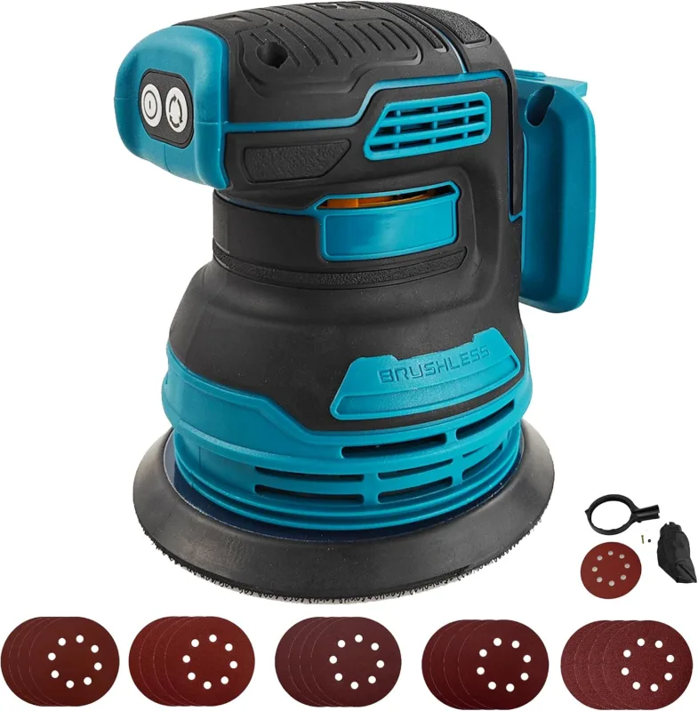 Brushless Random Orbital Sander Compatible with Makita 18V Battery, Brushelss 5" Electric Random Palm Sander with 20 Pieces 125mm Sandpaper, 3 Rotation