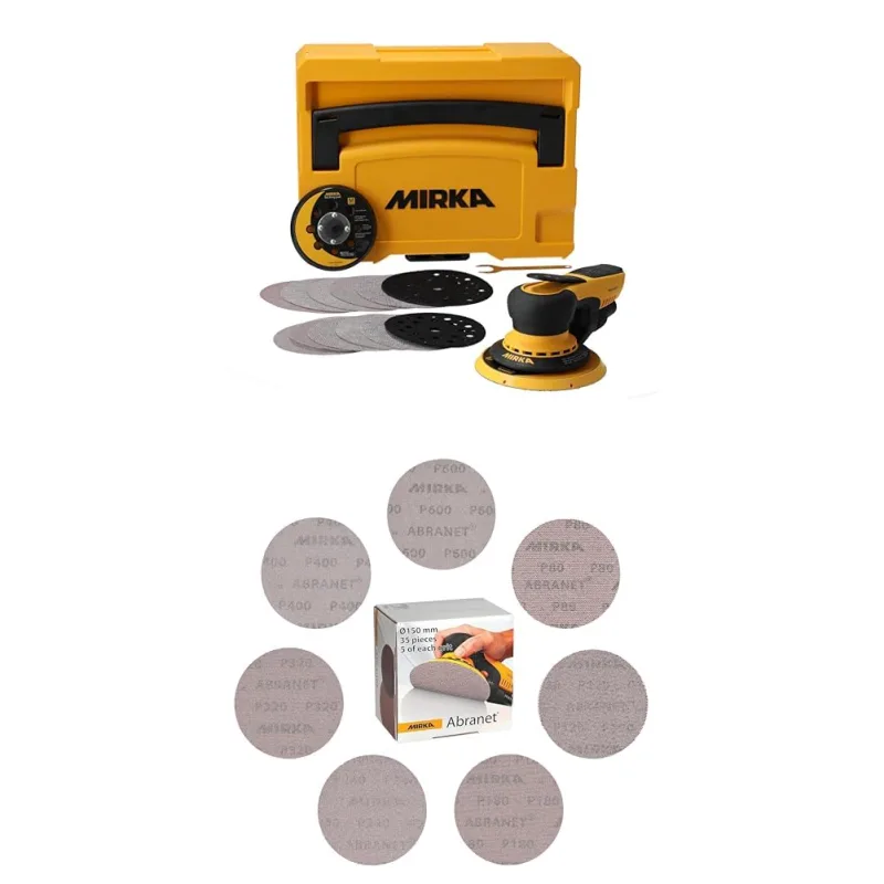 Mirka DEROS II 5650 Random Orbital Sander with Dust Suction for Sandpaper Ø 125 and 150 mm, Stroke 5 mm + Mirka Abranet Sanding Discs Ø 150 mm Adhesive Closure, Mix-Pack 5 x Each Grain