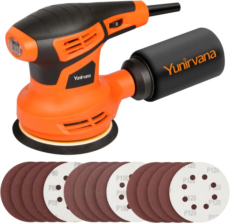 Yunirvana Orbital Sander, 2.4 Amps, 13000 OPM, 6 Variable Speeds with 15 x 125mm Sanding Discs, Electric Sander with Dust Collector for Sanding and Polishing
