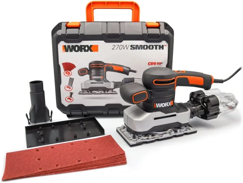WORX Lijadora órbital ciclónica 270W | WX 642.1 | Fácil descarga de polvo, base de aluminio, sistema de anclaje con pinzas