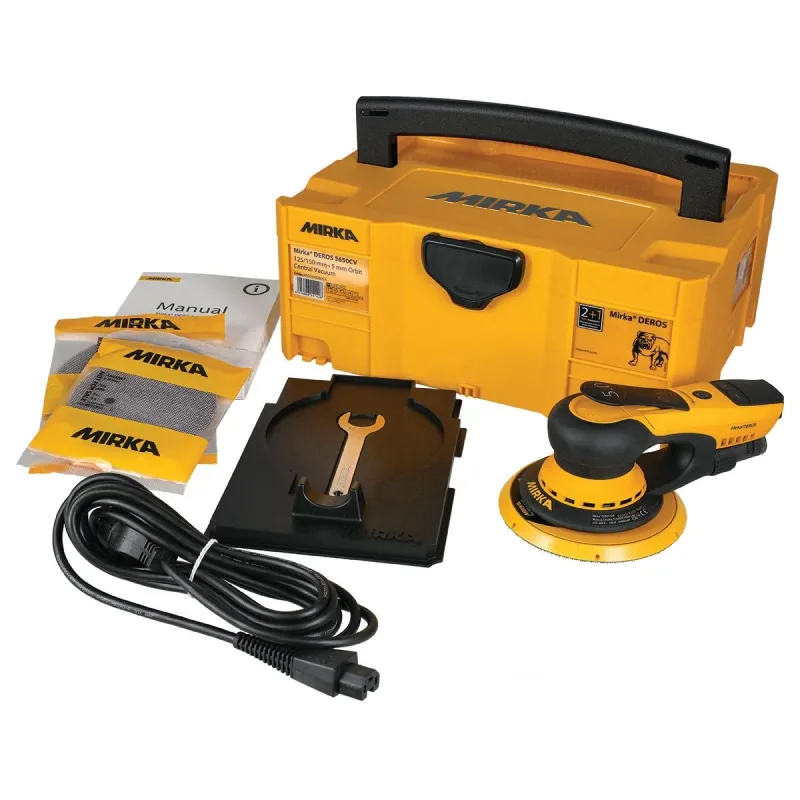 MIRKA, DEROS 5650 CV, Lijadora orbital aleatoria, 2 discos de lijado y cierre adhesivo en maletín, Para papel de lija de 125 mm y 150 mm, 5,0 mm de carrera