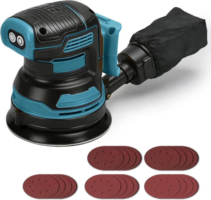 Cordless Orbital Sander Compatible with Makita 18V Battery (No Battery), 125mm Brushless Electric Sander with 4000-8000rpm, 3 Speeds, 21 Sheets of Sandpaper and Dust Bag