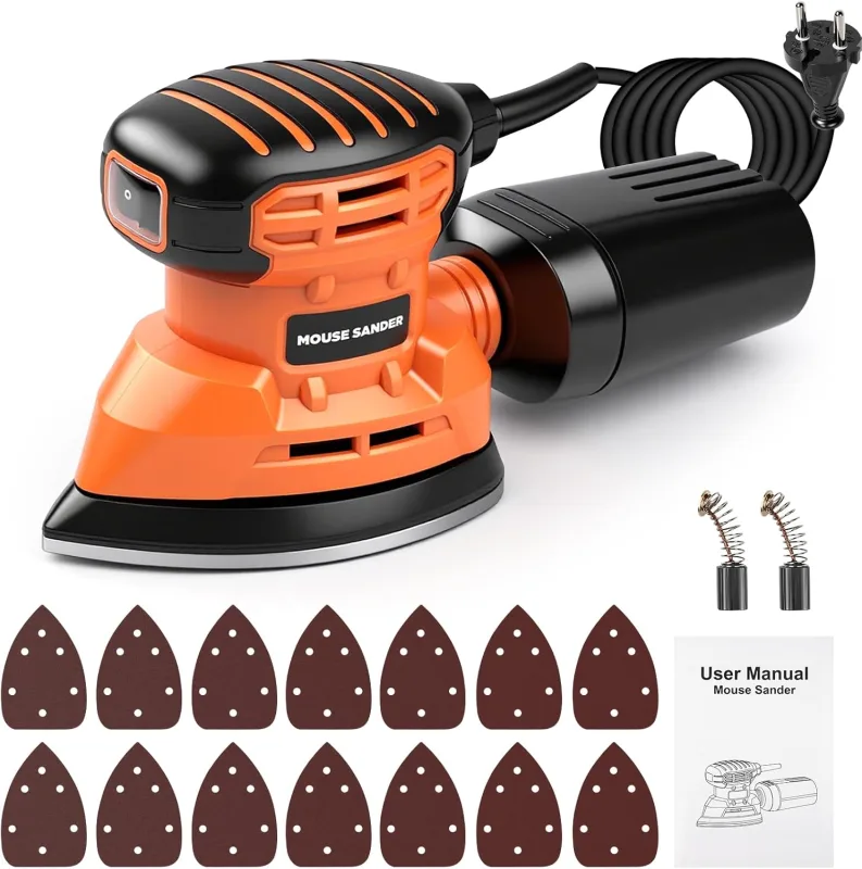 Lijadoras Delta Eléctrica, Lijadora Madera 150W con aspiración de polvo, 13000 rpm Lijadora Orbital multifunción con 14 hojas de lija, ideal para lijar madera y eliminar óxido y pintura