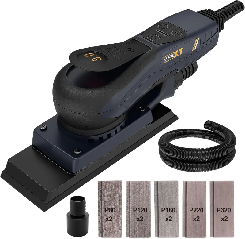 MAXXT Lijadora eléctrica de hojas sin escobillas de 3 mm orbital 350 W 3A multifunción 10000 RPM de velocidad variable con 10 papel de lija para lijadora de palma de carpintería, lijadora de acabado