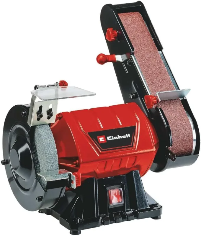 Einhell Esmeriladora de banda vertical TC-US 350 (máx. 350 W, 2980 min-1, cristal de protección contra chispas, incl. muela abrasiva gruesa K36 + cinta abrasiva K80)