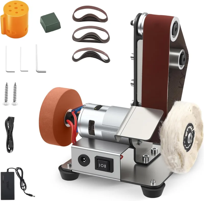 Lijadora de banda eléctrica, minimáquina pulidora de banda, 7 niveles ajustables, equipada con 20 bandas de lijado y 2 discos de pulido, para el mecanizado de madera y metal