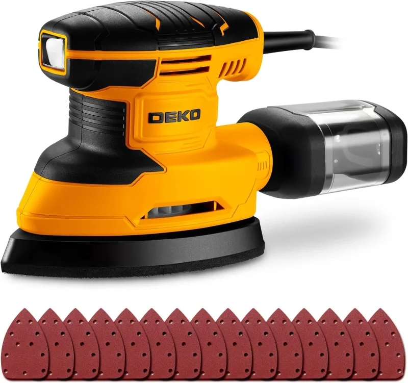 DEKOPRO Lijadora Electrica de 180W, Herramienta de Lijadora Orbital, 13000 RPM, con 15 Hojas de Papel de Lija - Lijado y Pulido de la Eliminación de la Madera, Amarillo y Negro