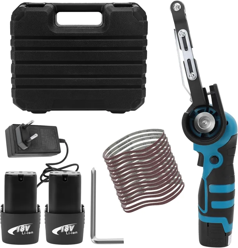 Lijadora de banda de batería, 16,8 V, 1,5 Ah, con 15 bandas de lijado para metal, madera y curvas, potente motor, 7000 rev/min, duración de funcionamiento 1 hora