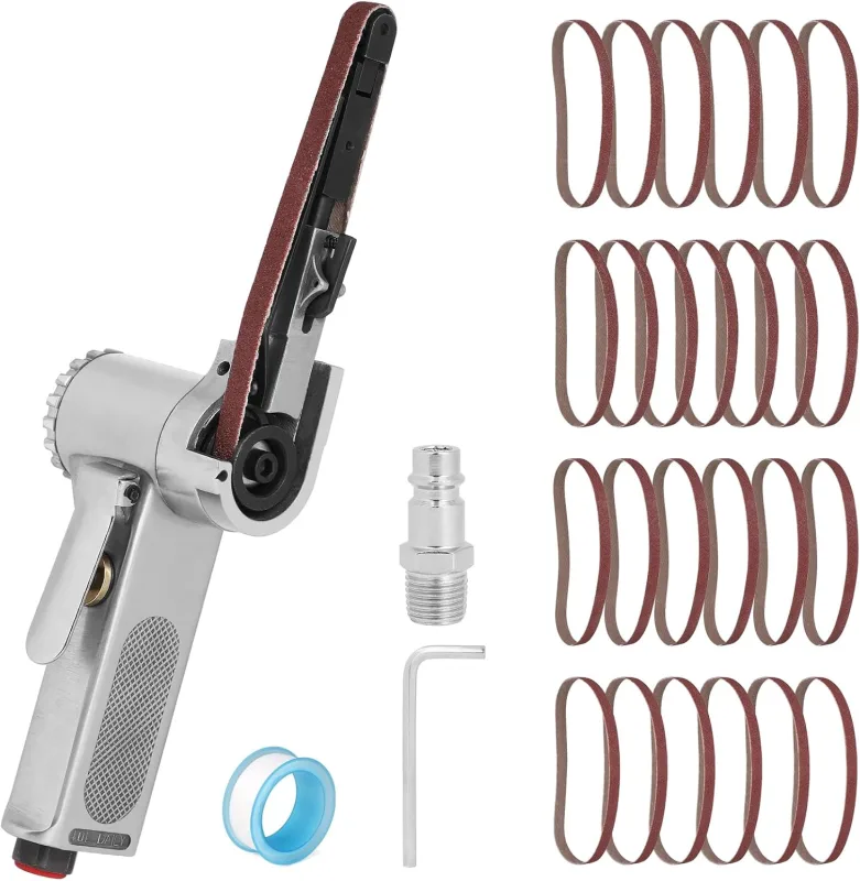 Lijadora de Banda Neumática de 16000 RPM, 33cm Lijadora Neumatica Portátil Ángulo Regulable con 25 Bandas de Lijado de 10 mm (G60 x 7, G80 x 6, G100 x 6, G120 x 6)