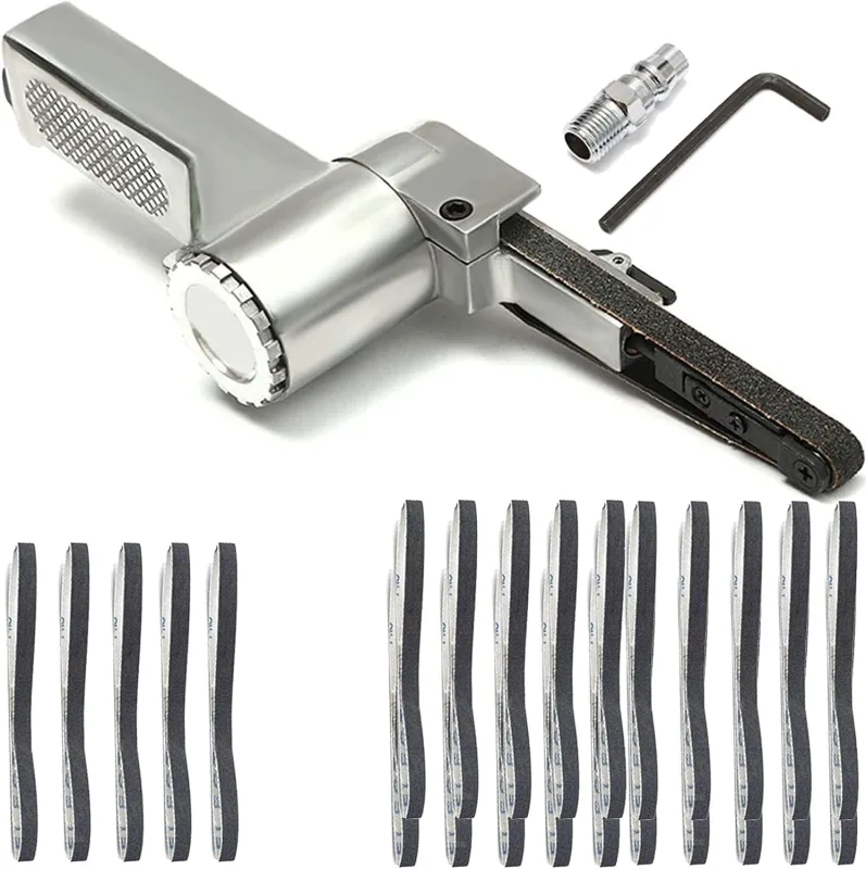 Lijadora de banda aérea, lijadora de banda neumática, herramienta de pulido neumática, lijadora de banda de aire comprimido 10 mm 330 mm con 25 bandas abrasivas, pulido de varios vehículos