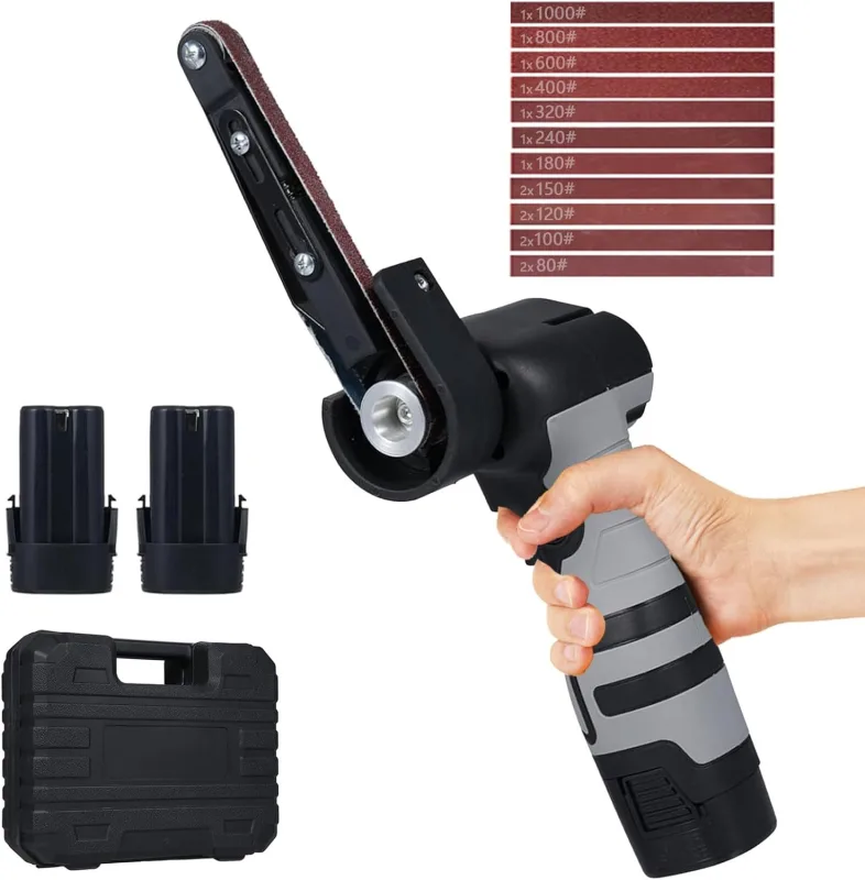Lijadora de banda inalámbrica, mini lijadora de dedos multifuncional con 2 baterías de 1500 mAh, 15 bandas de lijado, 6500 RPM, cabezal de molienda ajustable de 360° para madera, metal, cuero, vidrio