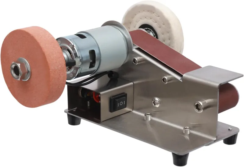 Mini motor de lijadora de banda con disco abrasivo, disco de tela y 20 bandas de lijado de 4500 – 9000 rpm, 7 niveles de control de velocidad