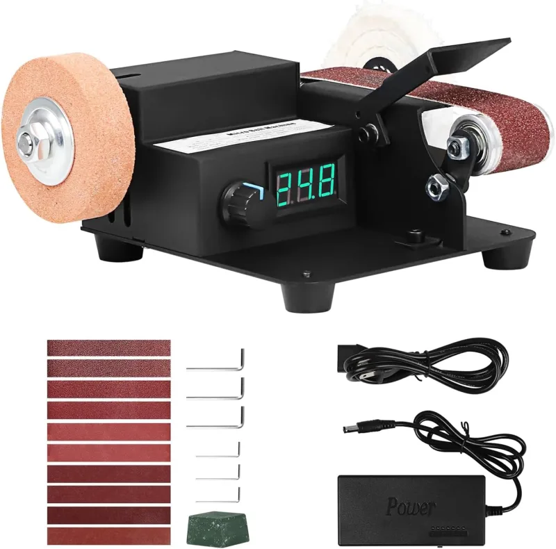 Mini Lijadora de Banda, Lijadora Eléctrica 350W 10000 rpm, Control Variable Infinito, Pantalla LED, Mini Pulidora de Escritorio para Metal Madera Aluminio Manualidades de Carpintería con 10 Bandas
