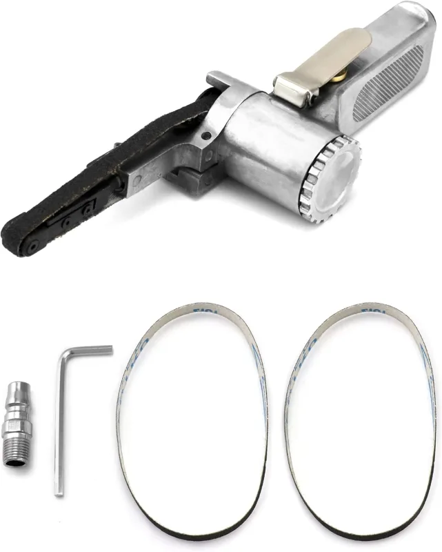 QWORK® Lijadora de Banda neumática, con 3 piezas bandas de 330 * 10 mm, para pulido de plástico, carpintería y metal