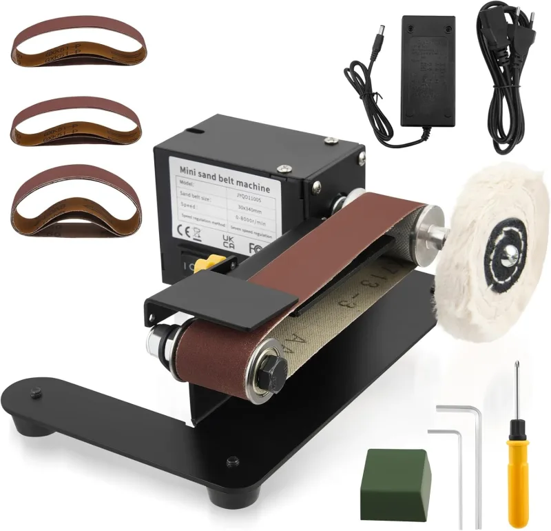 Lijadora de Banda Mini Eléctrica 250W, 7 Velocidades Ajustables para Lijar y Pulir, Incluye 20 Bandas de Lija de 330x30 mm y Discos, para Metal, Madera y Bricolaje