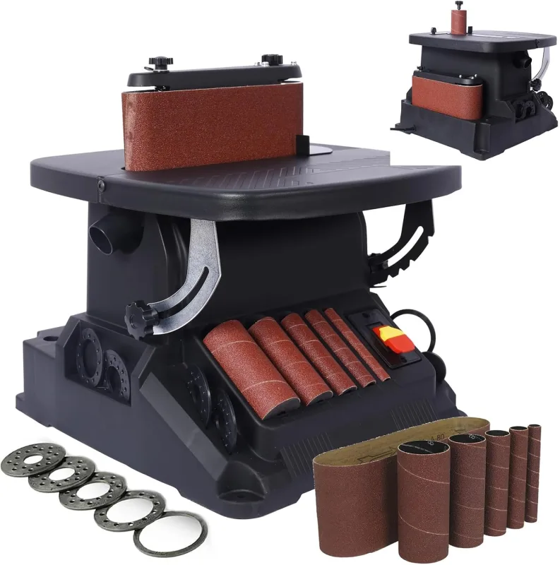 Lijadora combinada 2 en 1 con husillo oscilante vertical y lijadora de banda, lijadora de bobina para carpintería con 5 mangas de lijado, mesa inclinable a 45°, para contornos y curvas