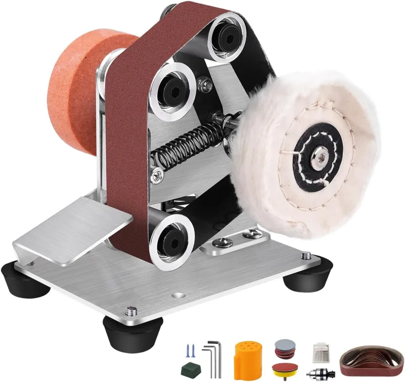 Lijadora de Banda Kit Eléctrica, Pulidora Ajustable de 7 velocidades, con 10 bandas de lijado de 330 x 30 mm (P120/320/600/800/1000), disco de amolar, disco de pulido, hoja de pulido y broca