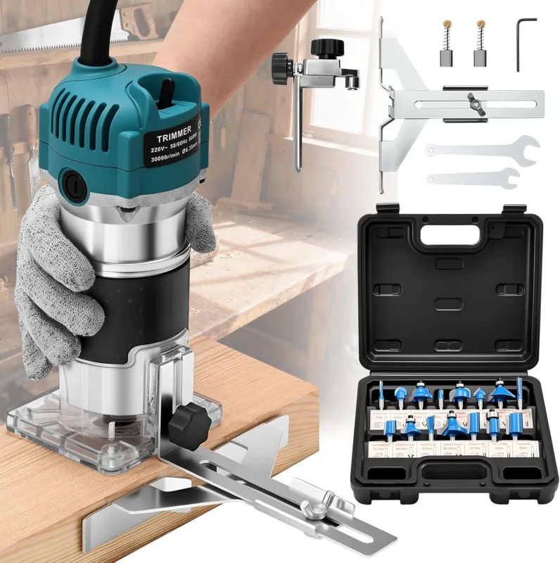 Yofuly Wood Milling Machine Electric Router 220V 800W Professional Electric Hand Milling Machine with 15 Pieces 1/4" Router Bits for DIY Decoration Cutting Carving