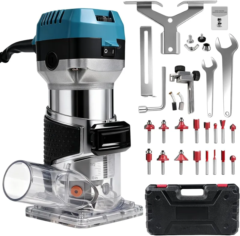 Wood Milling Machine Electric Router 800W, 6 Variable Speed Vertical Milling Machine 5000-30000 RPM, with Dust Protector, 6.35mm and 8mm Mandrel, for Trimming, Milling and Carving