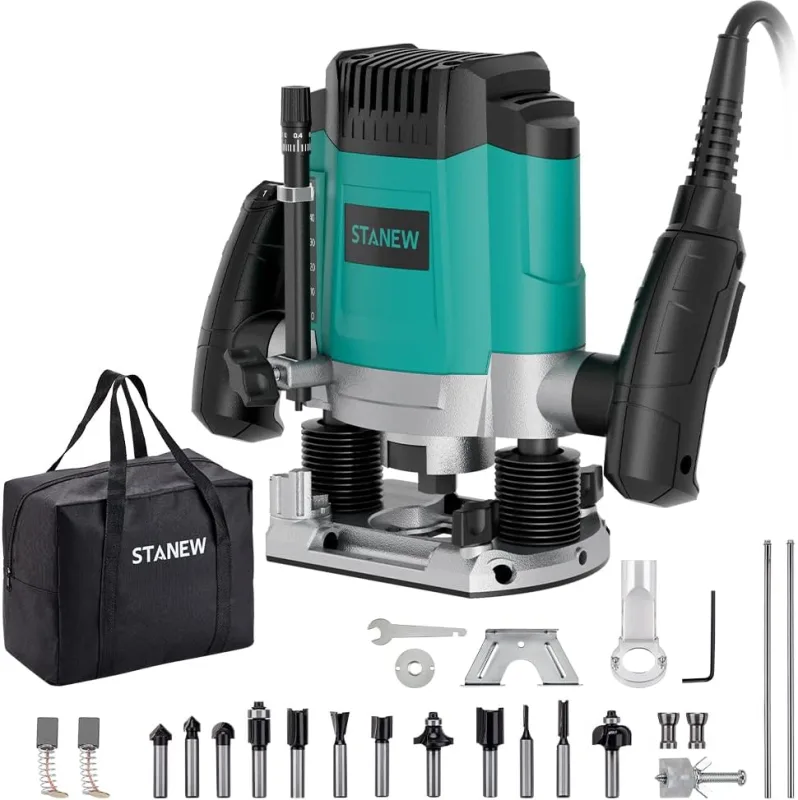 Stanew Electric Milling Machine for Wood1200 W 16000-30000 RPM, Profession Electric Router with Set of 12 Burs, 6 Speed, Milling Depth Adjustment.