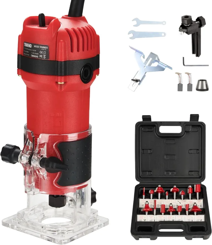 TEENO Wood Milling Machine Electric Router 800W 31000RPM,Electric Wood Milling Machine With 15pcs 1/4'' Pliers, 6/6.35mm Fixed Base Bits
