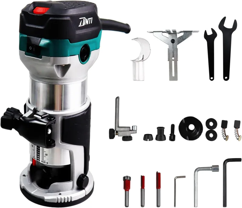 DNTI Wood Milling Machine Electric Router 710W 10000-30000RPM, Engraving Milling Cutter for Chamfering, 2 Pliers of 6.35 mm and 8 mm, 6 Variable Speeds, Fixed Base