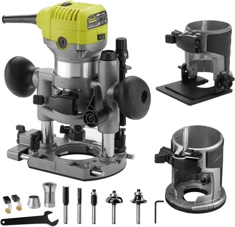 DEWINNER Electric Wood Router Milling Machine, Compact Electric Grinder 220 V, 710 W, 3 Bases Included, 3 1/4 Inch Pliers, 6 mm and 8 mm, 5 Carbide Burrs
