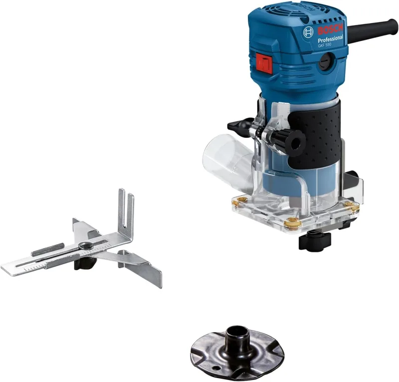 Bosch Professional fresadora de cantos GLF 55-6 (motor de 550 W girando a 33 000 rpm., incl. 2 llaves de una boca, 1 recogedor, tope paralelo, rodillo de corte al ras)