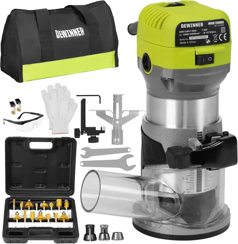 DEWINNER 710W Electric Router Wood Milling Machine 13000-33000 RPM, 6 Variable Speed, 1/4''/6/8MM Fixed Base Caliper with Canvas Bag, with 15PCS 1/4" Wood Drill Bit Set