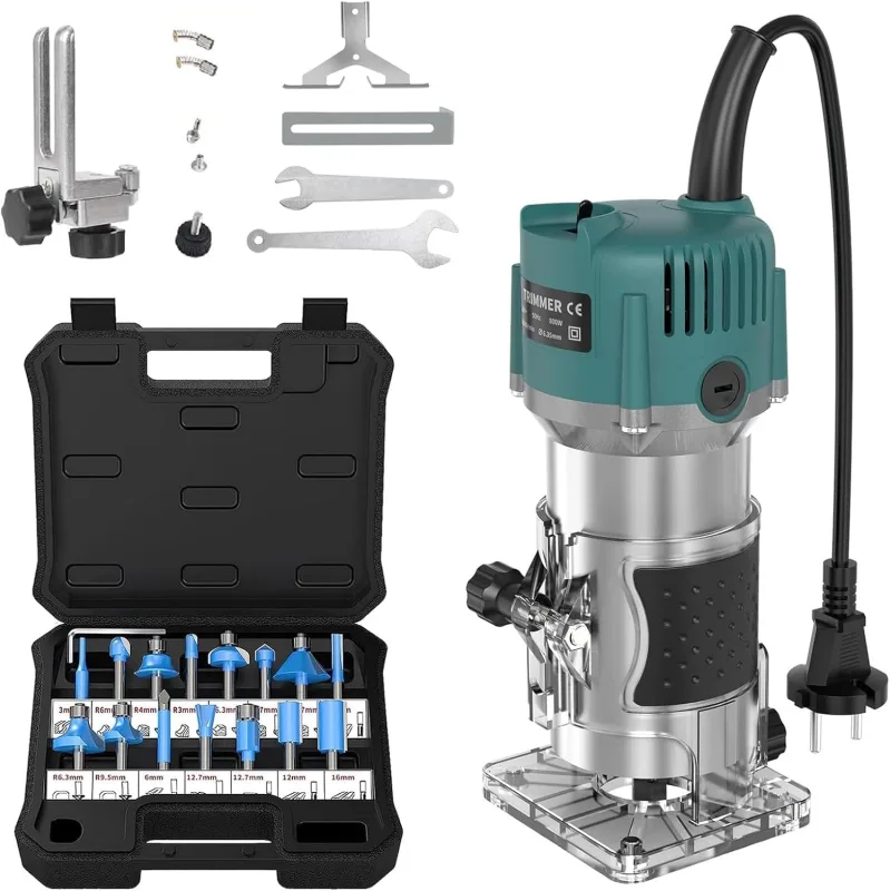 800W 30,000 RPM Electric Milling Machine with Rocker Switch and Clear Base, Includes 15 Piece Wood Burr Set