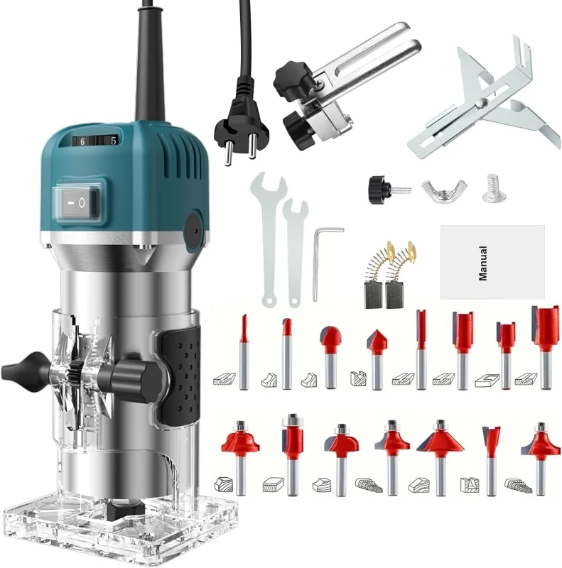 Wood Milling Machine 800W, Vertical Router Trimmer, 30000 rpm Electric Wood Router with 6 Variable Speeds and 15 Mills for Chamfering, Slotting, Trimming and Drilling