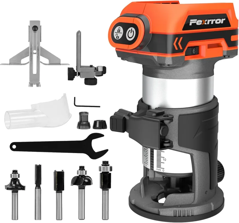 Wood Milling Machine Compatible with Makita 18V Battery, Hand Milling Machine with 6 Speed, Brushless Motor, 30000 RPM, 5 Pieces Milling Cutters (No Battery)