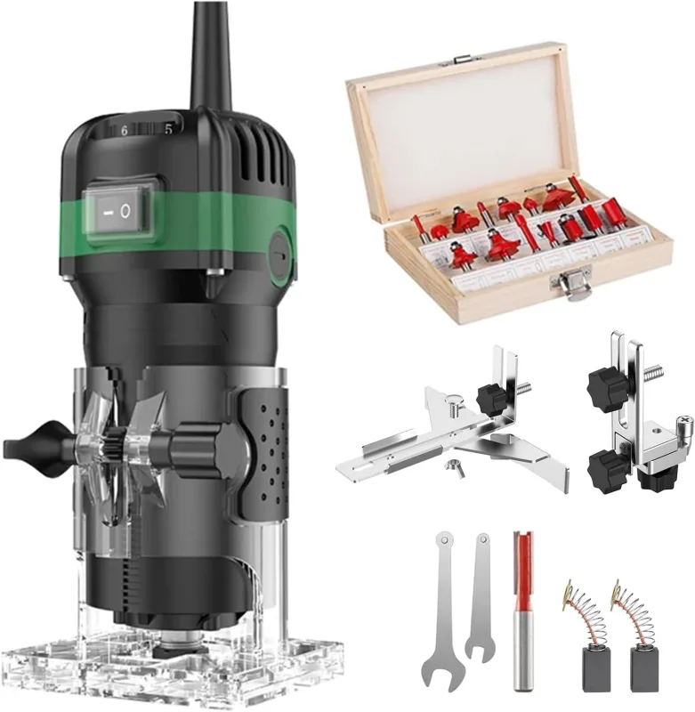 800W Electric Wood Milling Machine, 6-Speed Variable Speed, 33000rpm, 6.35mm Milling Machine, 15 Piece Set in Wooden Box, Precision Woodworking Trimmer