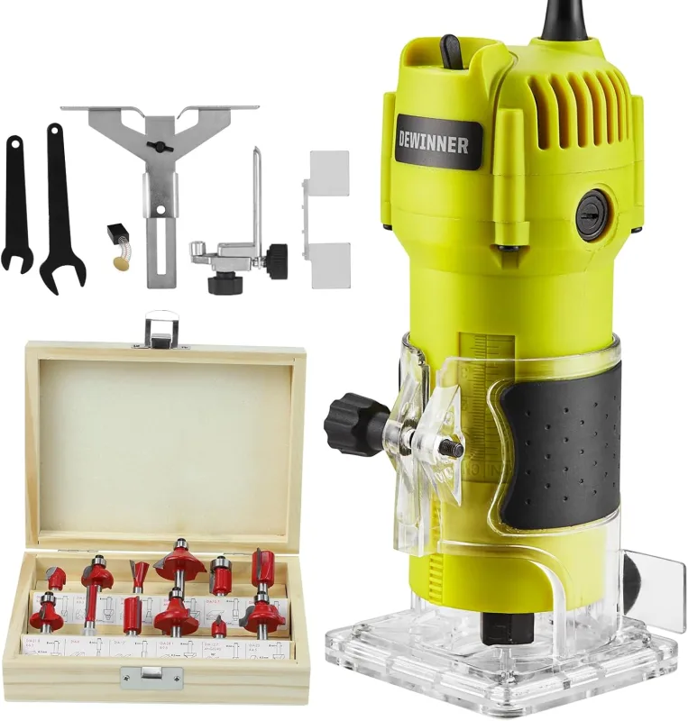 Dewinner Wood Milling Machine Electric Router 710W 13000-33000RPM, Engraving Milling Cutter for Chamfering, 3 Pliers 1/4'', 6 mm and 8 mm, 6 Variable Speed, Profession Rolling Milling Cutter with