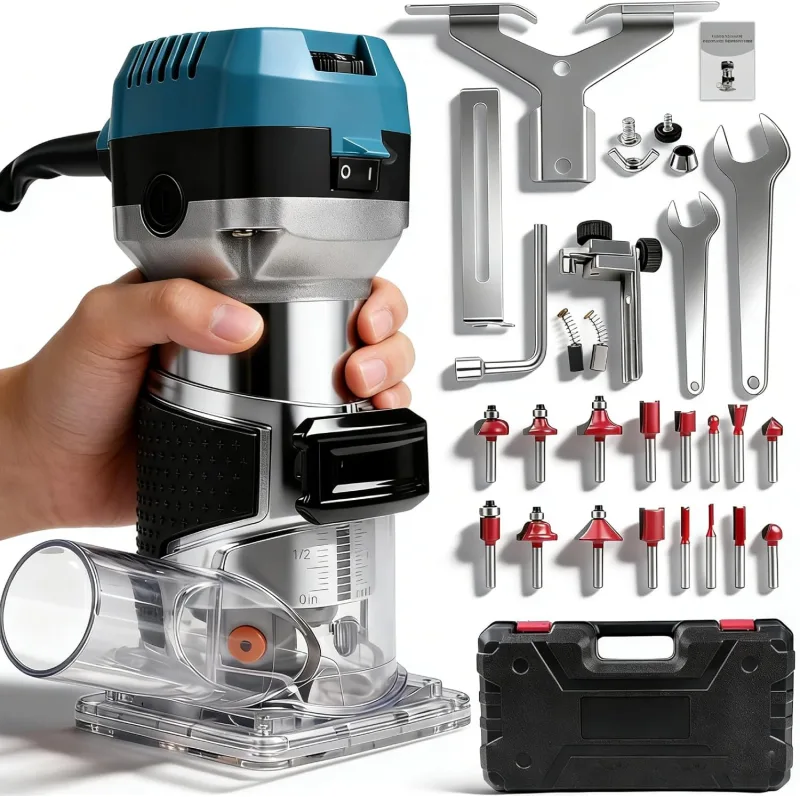 Wood Milling Machine Electric Router Machine, 1000W 30000 RPM Edge Milling Machine Wood Trimmer, 6 Variable Speed, Compact Wood Router Handheld Router with 15 Pieces Mills