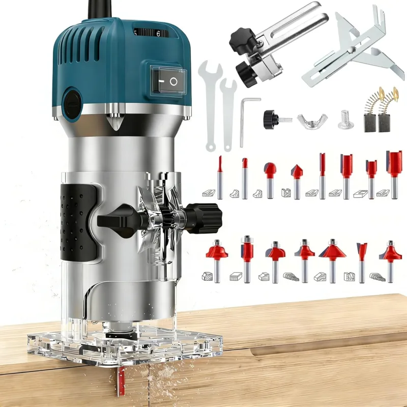 Wood Milling Machine Electric Router 800W 30000RPM, 6 Variable Speed, with 15 Pieces of 1/4" Router Bits, for DIY Cutting Carving