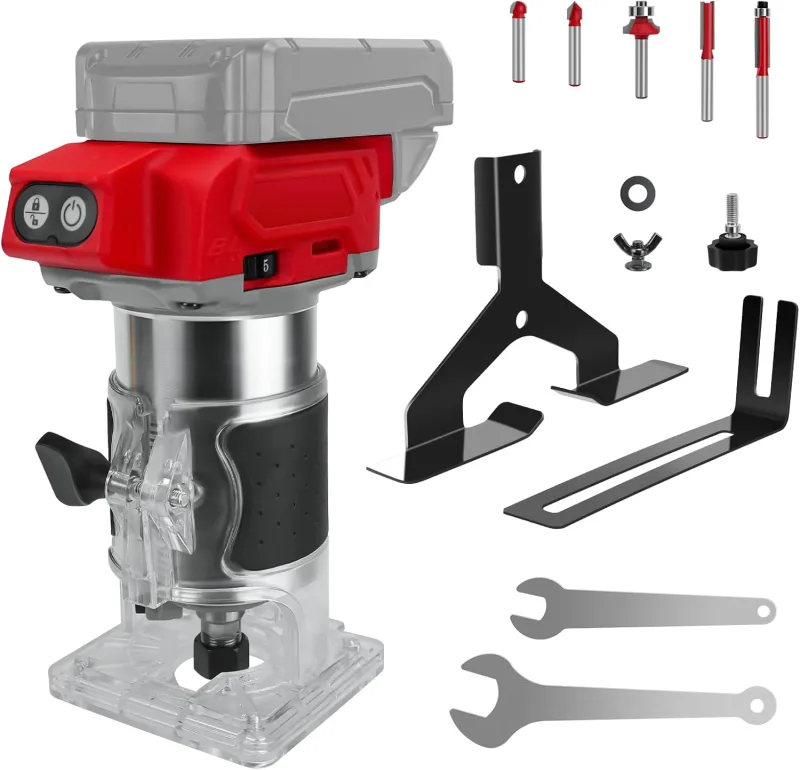 Battery Powered Milling Machine Compatible with Milwaukee 18V Battery 800W Brushless Router with 5 Speeds 30000RPM 5 Pack 1/4 Slotted Neck Woodworking Cutting(No Battery)