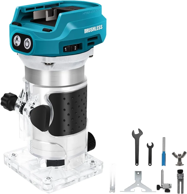 Cordless Milling Machine Compatible with Makita 18V Battery (No Battery), 1300W Brushless Wood Trimmer with 6 Speed, Straight Guide, Guide Wheel, Milling Cutter and 2 Keys