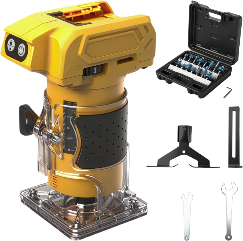 WingFly Battery Powered Wood Milling Machine, Edge Mill with Compact Battery for Dewalt 18 V, 20 V, Electric Wood Milling Machine with 15 Pieces Router Bits for Woodworking