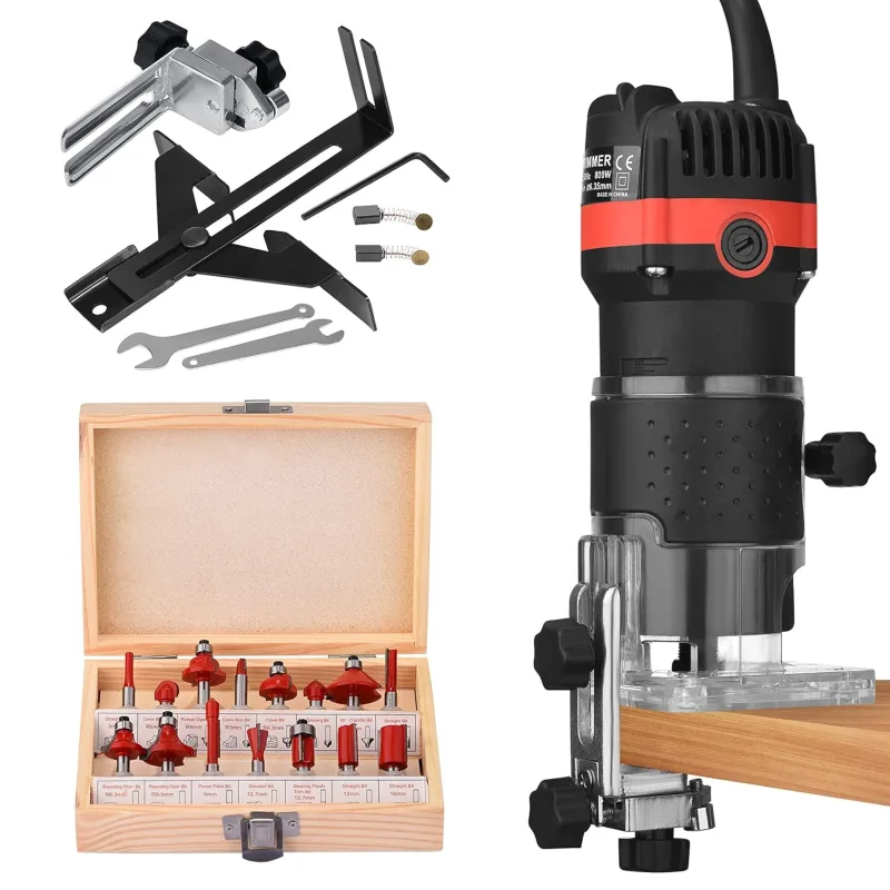 800W Compact Wood Milling Machine 6.35mm 30000r/min Portable Hand Milling Machine for Woodworking Electric Milling Machine for Mader with 15pcs Router Bits DIY
