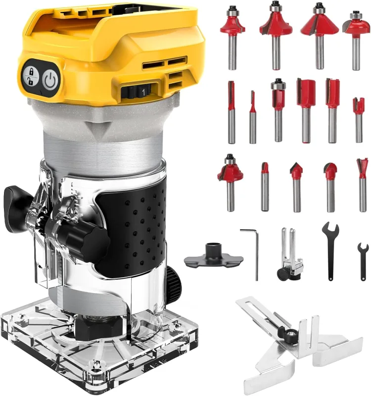 Cordless Router, Compatible with Dewalt Battery, 20V 800W Brushless Portable Milling Cutter for Woodworking Cordless Woodworking Trimmer with 15 Pcs 1/4" Burrs (No Battery)
