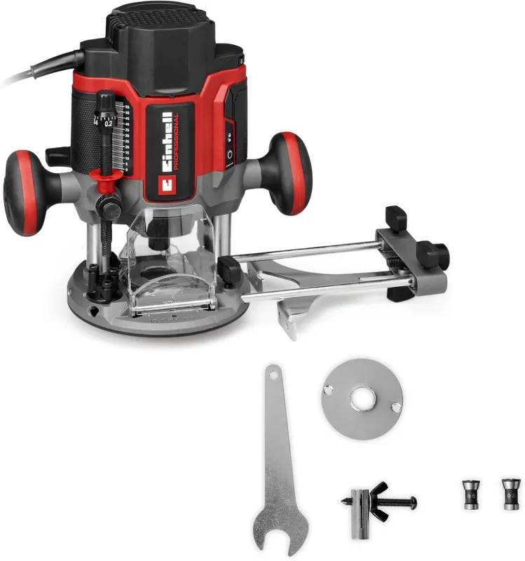 Einhell Professional top milling machine TP-RO 1400 E (1400 W, lifting height 55 mm, clamping pliers Ø 6 and 8 mm, LED light, incl. parallel stop, compass tip, copy sleeve and tool)