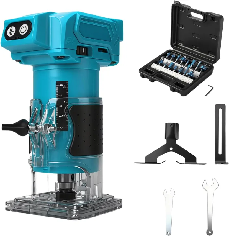 Rechargeable Milling Machine Compatible with Makita 18V Battery (No Battery), 800W, Brushless Wood Trimmer with 10000-30000rpm, 5-Speed, Straight Guide and 15 Drill Bits, Manual Milling Machine