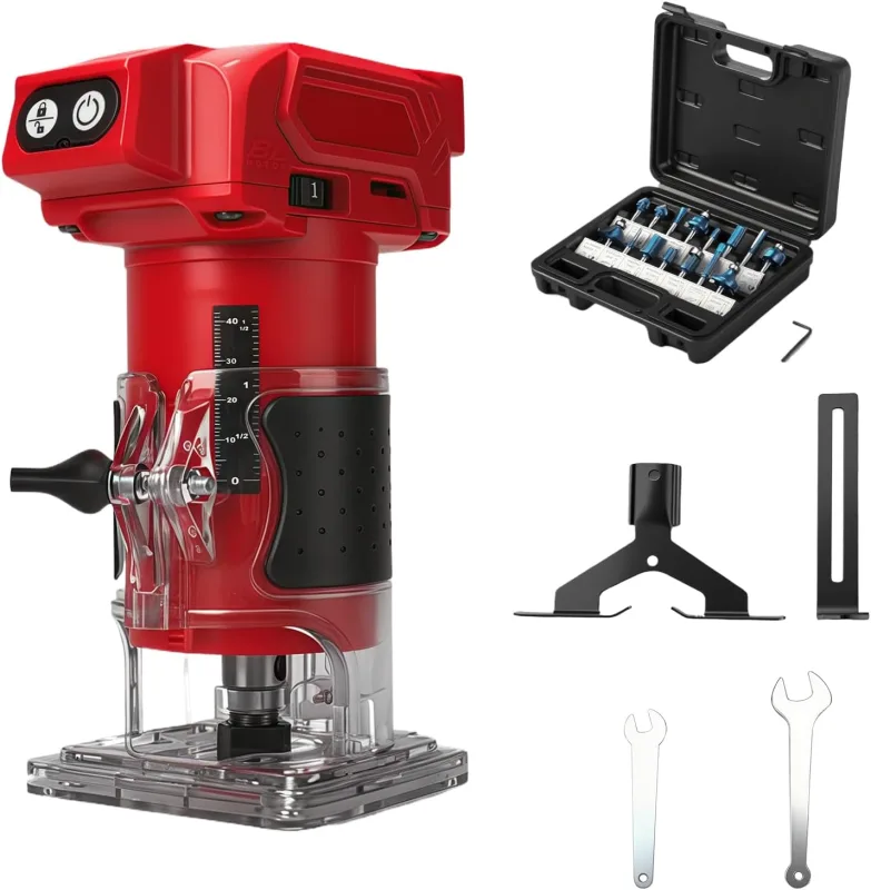 Rechargeable Milling Machine Compatible with Milwaukee Battery 18V (No Battery), 800W, Brushless Wood Trimmer with 10000-30000rpm, 5-Speed, Straight Guide and 15 Drill Bits, Manual Milling Machine