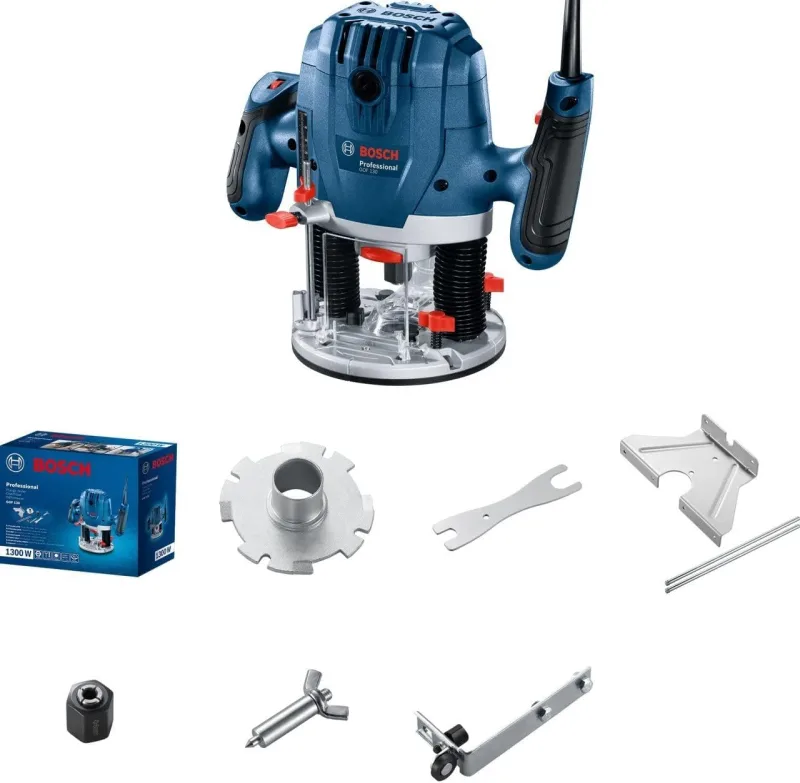 Bosch Professional: GOF 130 milling machine (parallel guide, copy tip, dust suction adapter, centering pin, guide roller, 2 fixing clips)