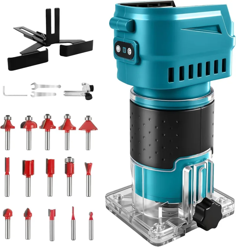Cordless Milling Machine Compatible with Makita Battery 18V 850W 30,000RPM Brushless Wood Cutter with 6 Speeds Woodworking with 15pcs 1/4" Burrs (No Battery)