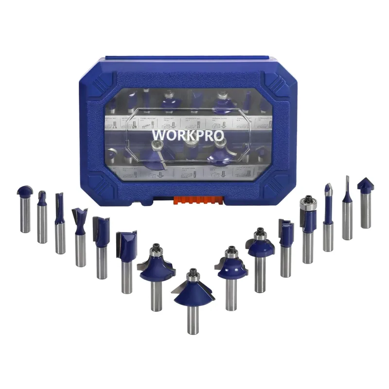 WORKPRO 15-Piece Milling Machine Drill Bits Accessories with 8mm Shank Carbide Steel Bits with Portable Box, Corners and Grooves, Burrs for Drilling Wood