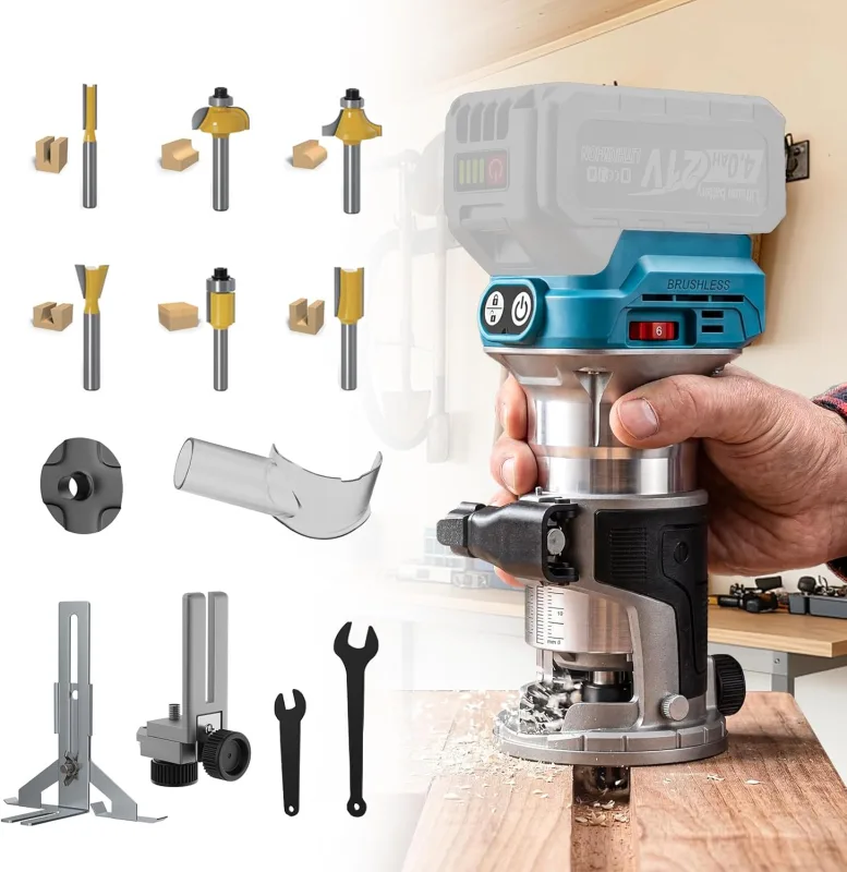 Yofuly Fresadora para Madera para Maa-kita de 18V Batería, 800W Rebajadora Eléctrica con 6 Velocidades | 13000-28000 RPM, Fresadora de Mano 6 Fresas de 6,35mm para Carpintería