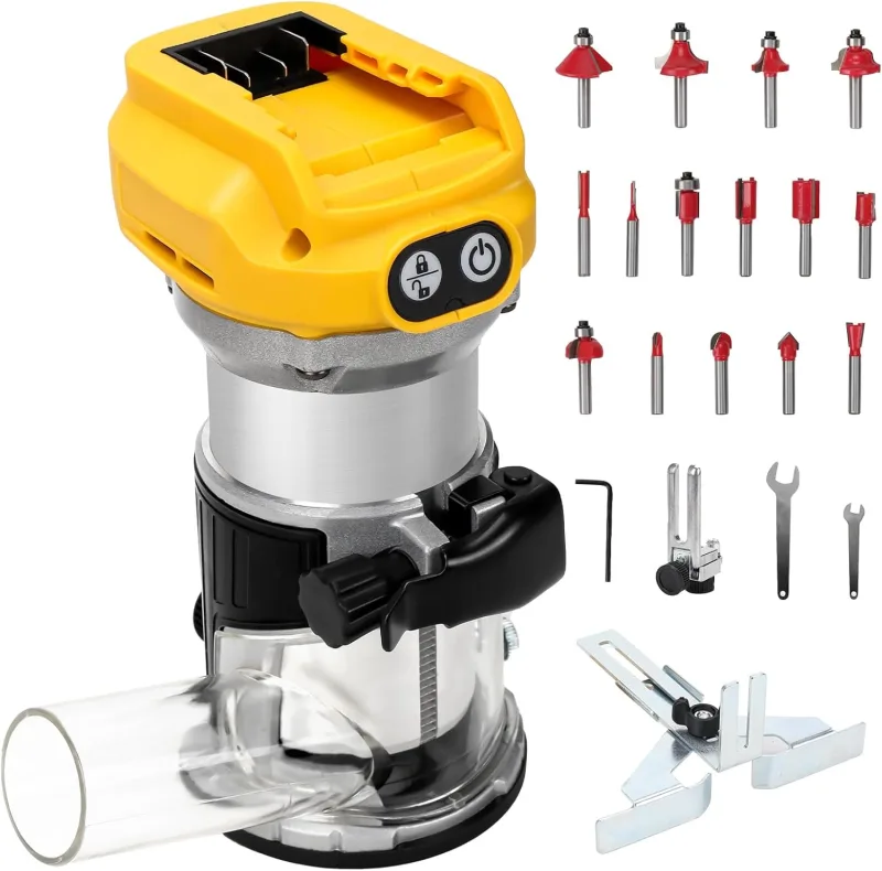 Cordless Router Machines Compatible with Dewalt 20V Battery (No Battery), 1300W Brushless Wood Milling Machine with 6 Speed, Straight Guide, Guide Wheel, 15 Bits and Dust Duct