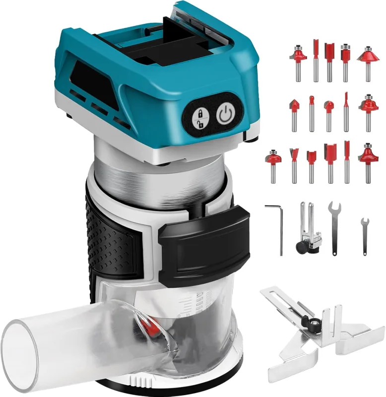 WingFly Battery Powered Wood Milling Machine, Compact for Makita 18 V, Edge Milling Cutter for Woodworking, Electric with 15 Pieces Router Bits